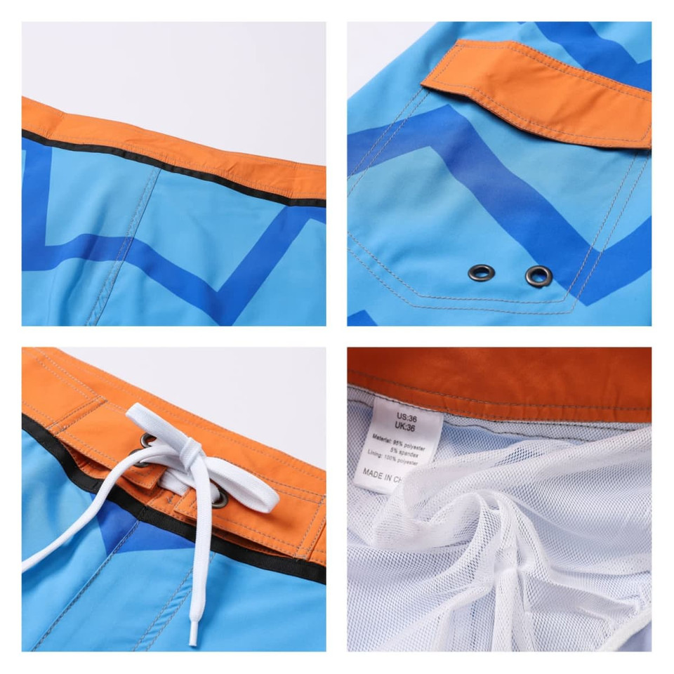 Men's knee-length swim shorts in blue and orange with a geometric pattern, featuring a logo and mesh lining.