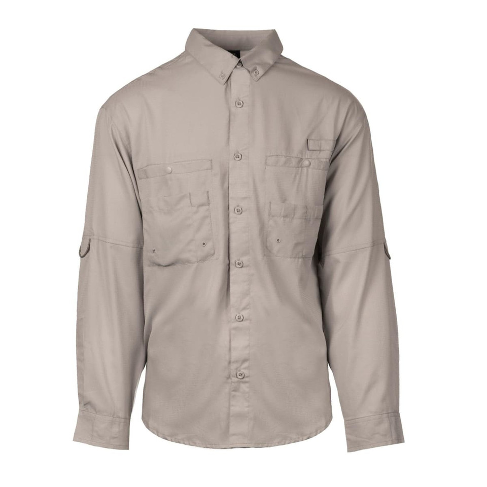 Long sleeve button-up fishing shirt in a light tan colour, featuring multiple pockets and a logo.