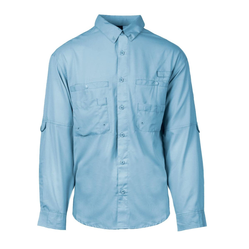 A light blue long sleeve fishing shirt featuring button-up front and multiple pockets. It has a logo on it.