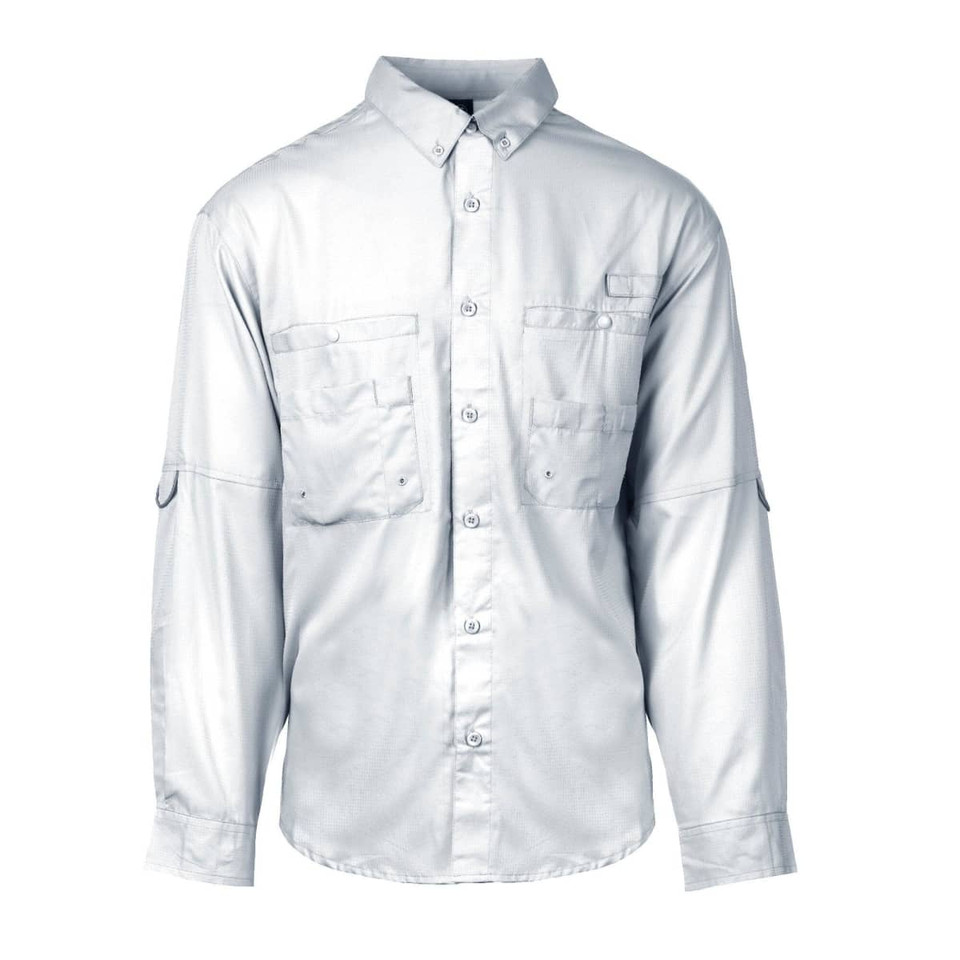 A long sleeve fishing shirt in light grey with button-up front and multiple pockets, featuring a logo.