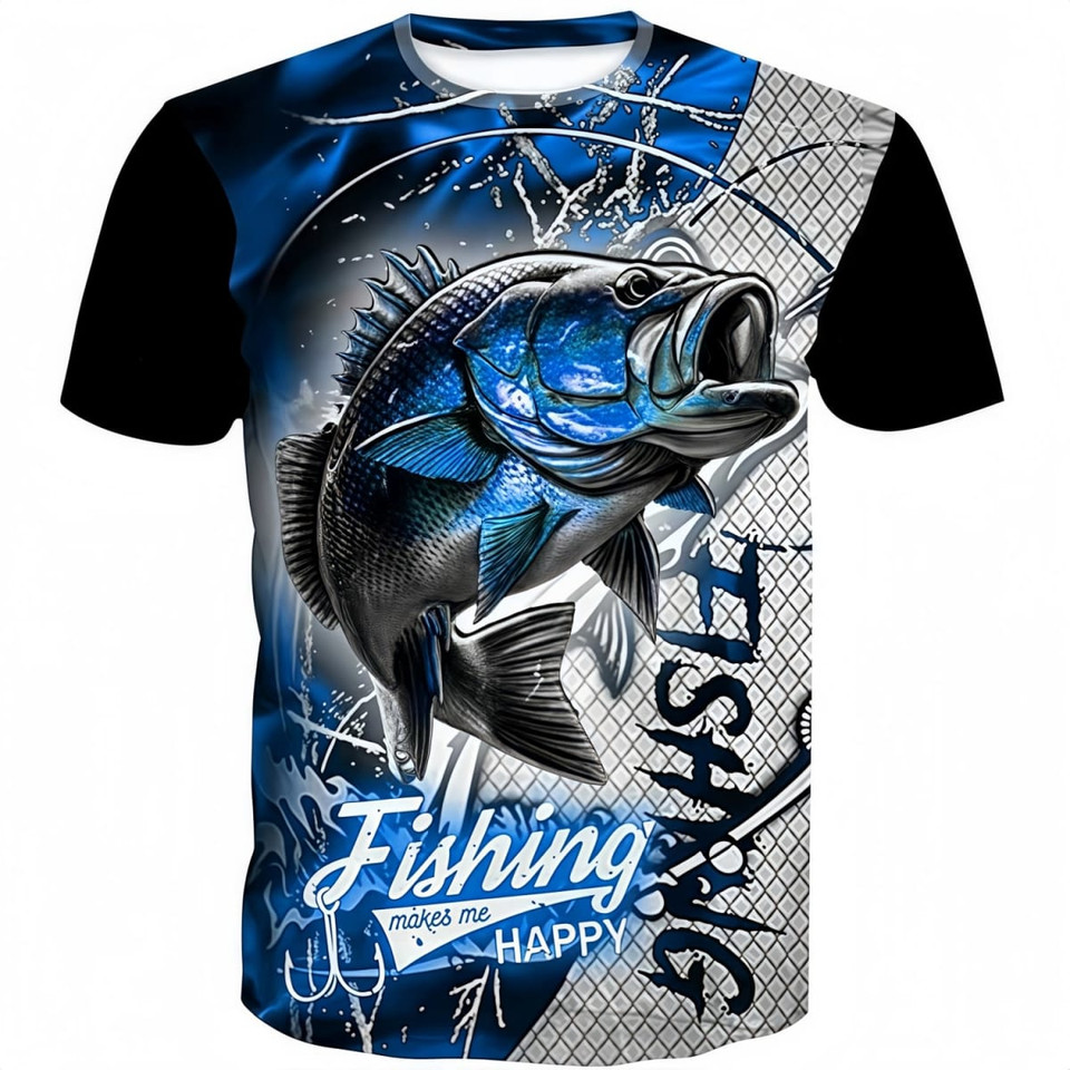 A men's fishing T-shirt in blue and black, featuring a graphic of a fish and a textured background with a logo.