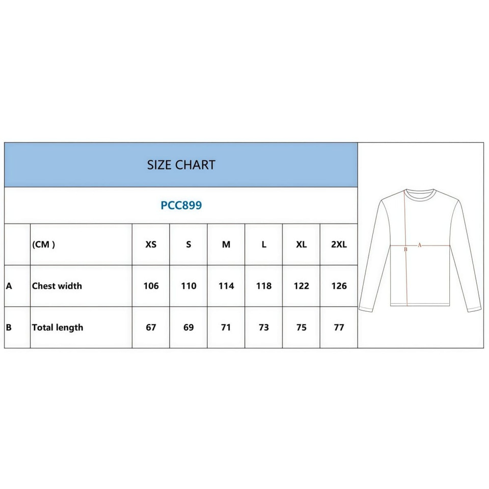 A size chart for a long-sleeve shirt, detailing measurements for various sizes from XS to 2XL.
