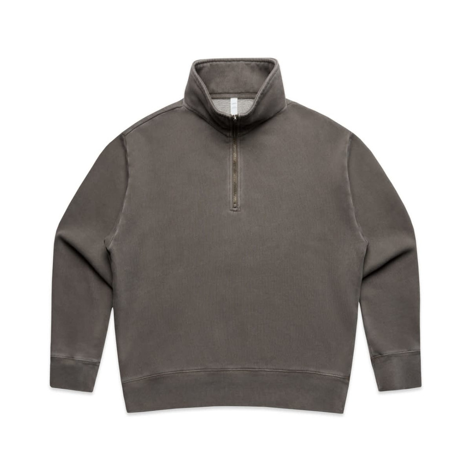 A faded half-zip jacket in a muted green colour, featuring long sleeves and a standing collar. It has a logo on the front.