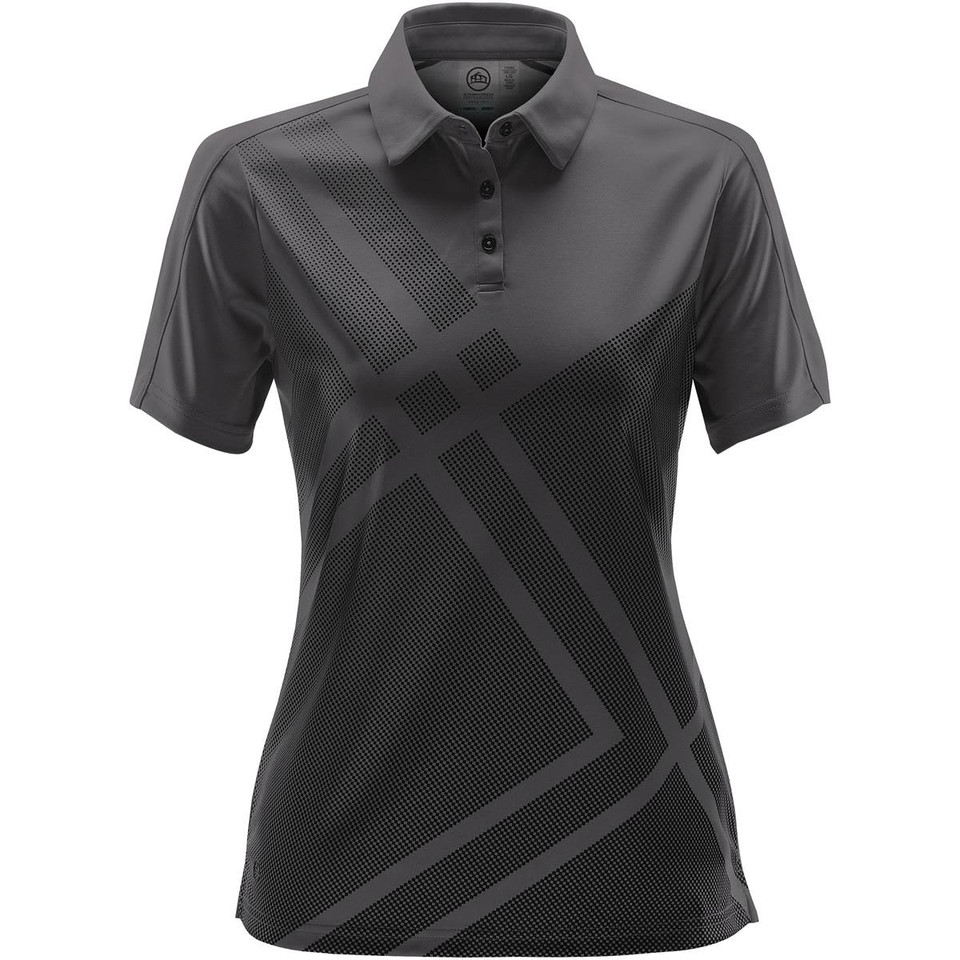 A dark grey women's polo shirt featuring a geometric pattern and a collar. The shirt has a logo on it.