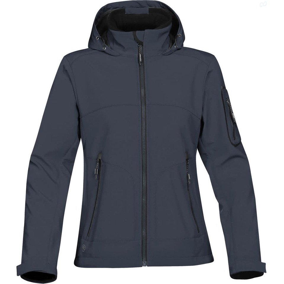 A women's softshell jacket in dark navy, featuring a hood and multiple zippered pockets, with a logo on the sleeve.