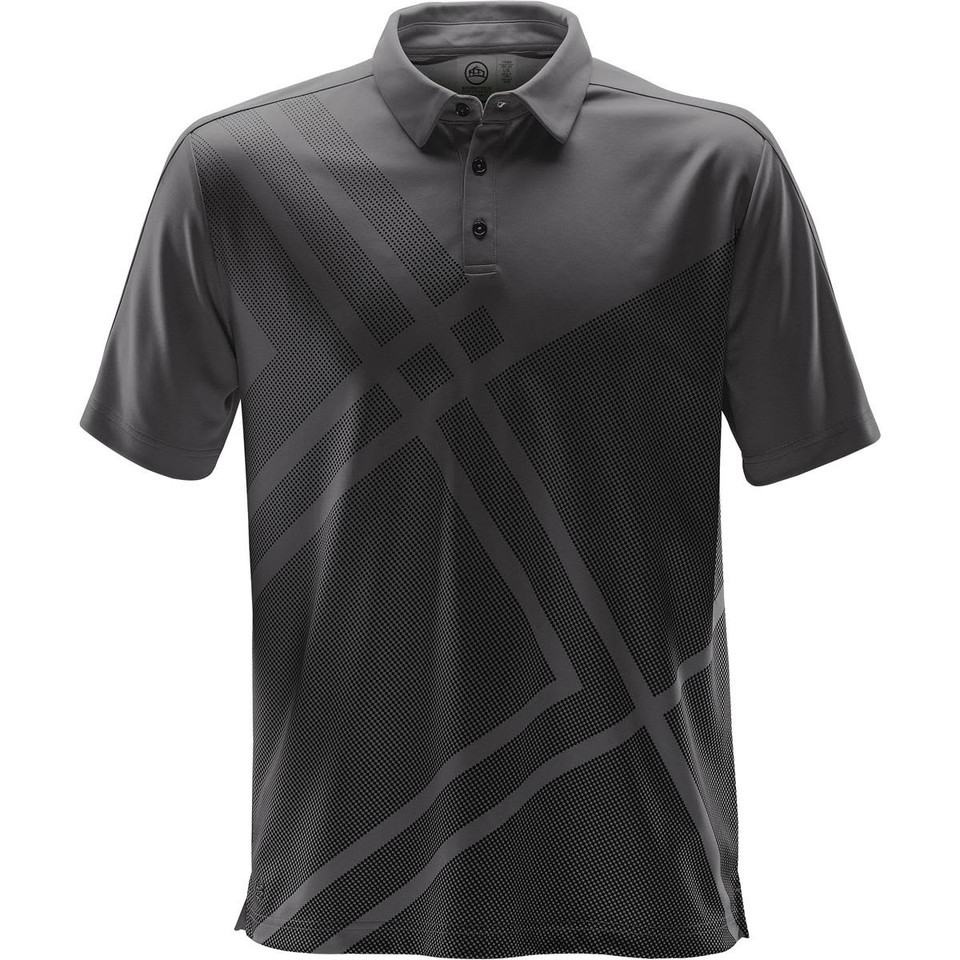 A dark grey men's polo shirt with a diagonal pattern and a collar. Features a logo on the chest.