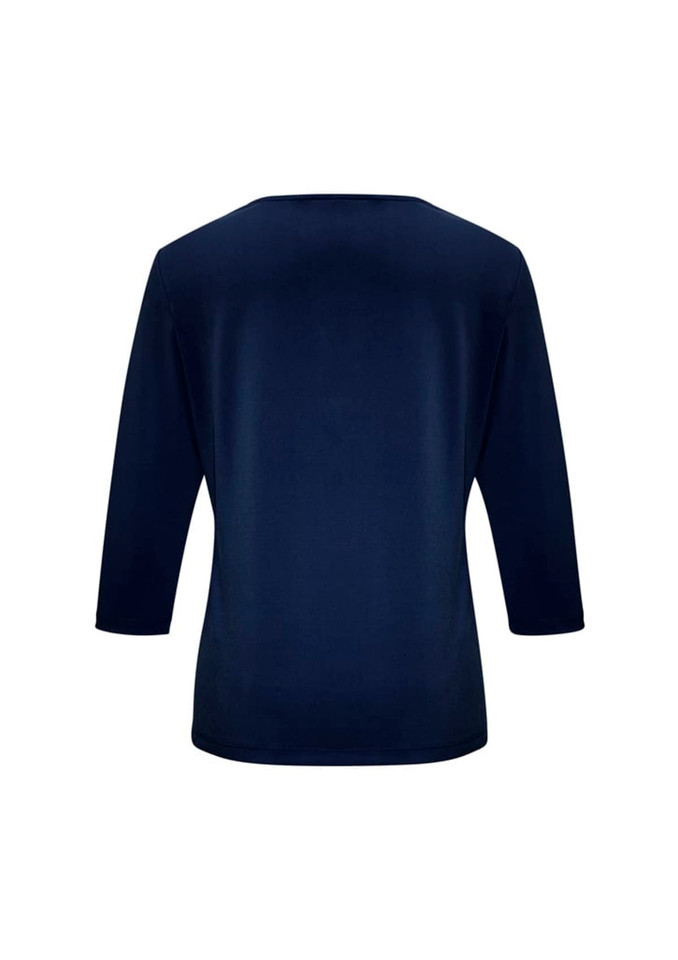 A navy women's 3/4 sleeve top with a simple design and a smooth fabric finish, featuring a logo on the back.