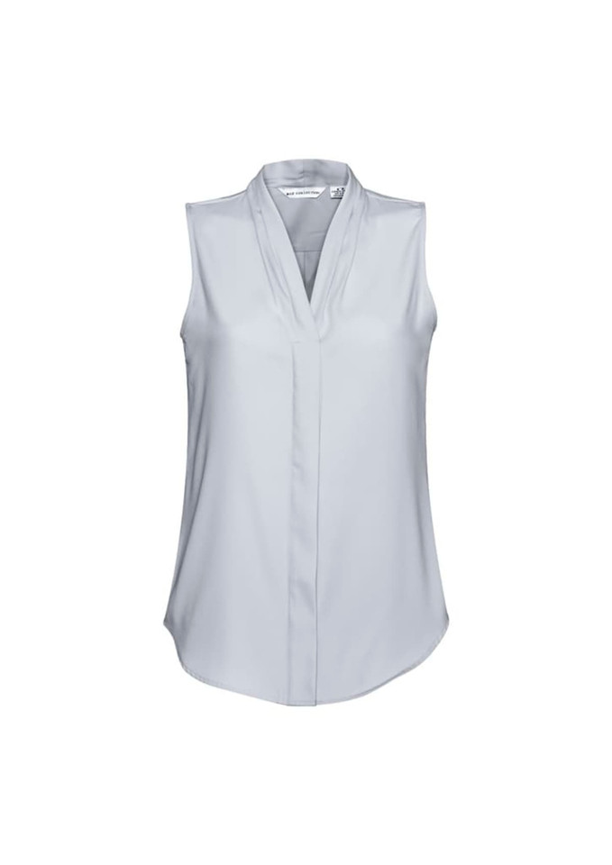 A light grey sleeveless top with a v-neck design and a logo on the label.