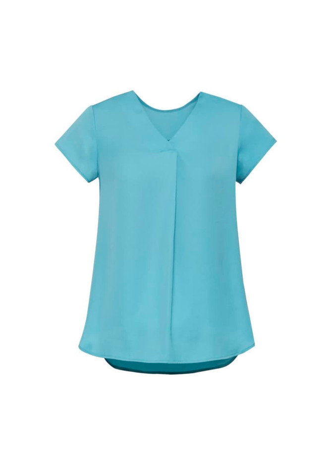 A light blue women's pleat blouse with a V-neck and short sleeves, featuring a smooth, flowing fabric.