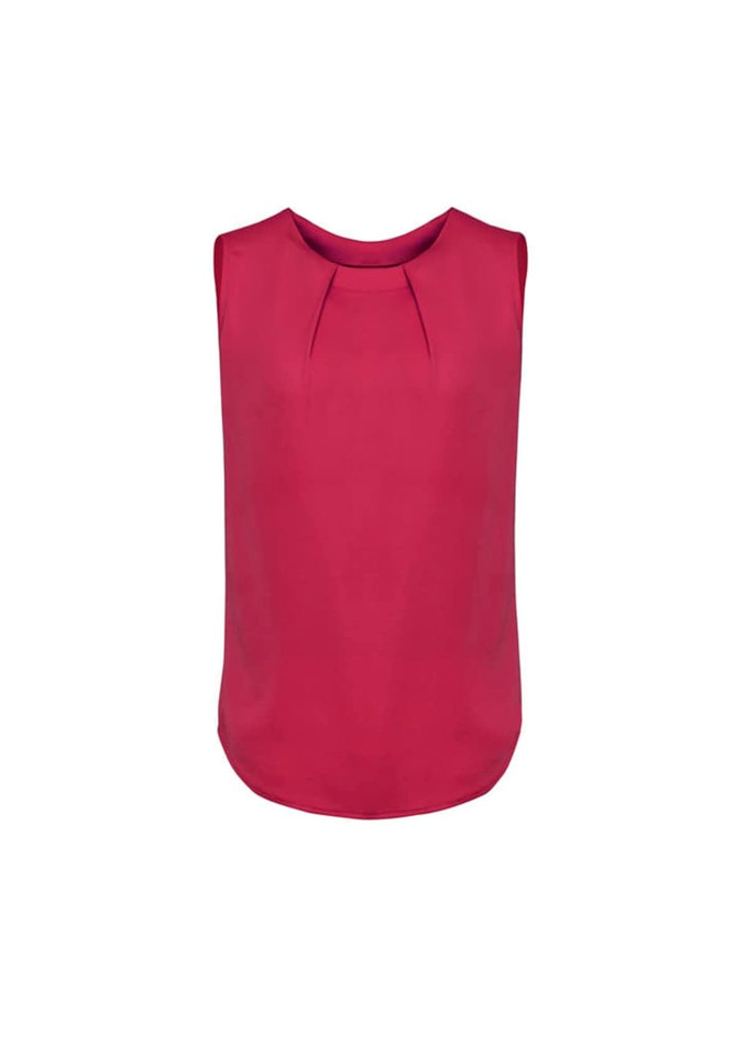 A sleeveless blouse in a rich magenta colour featuring pleat details at the front. It has a smooth, relaxed fit.