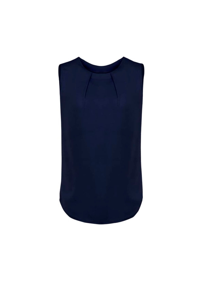 A navy sleeveless blouse with pleat detail at the front, featuring a rounded neckline and a curved hem.