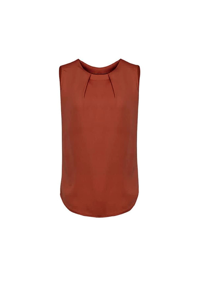 A sleeveless blouse in a rich rust colour featuring pleat detail along the neckline. It has a smooth, flowing cut.