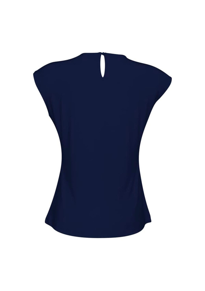 A navy blue women's top with cap sleeves and a keyhole detail at the back. It features a smooth, fitted design.