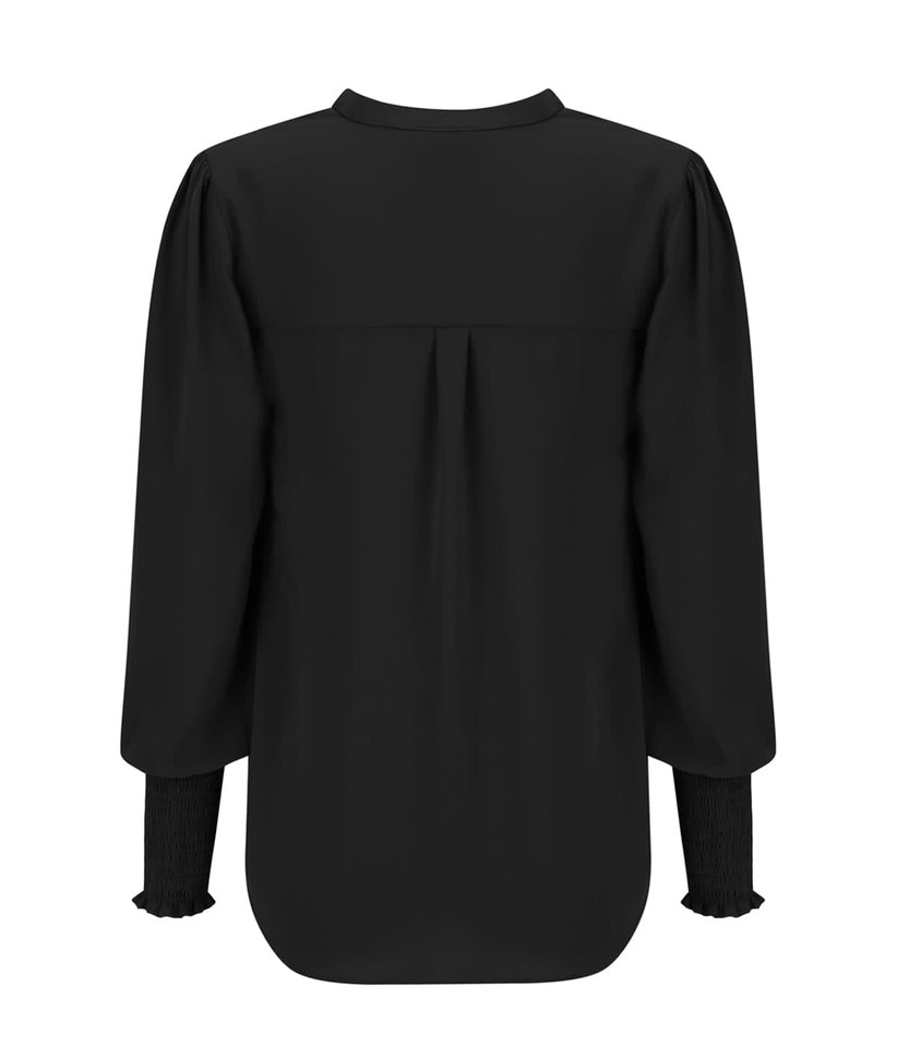 A black long sleeve top featuring puffed sleeves and gathered cuffs. The back design includes a subtle pleat.