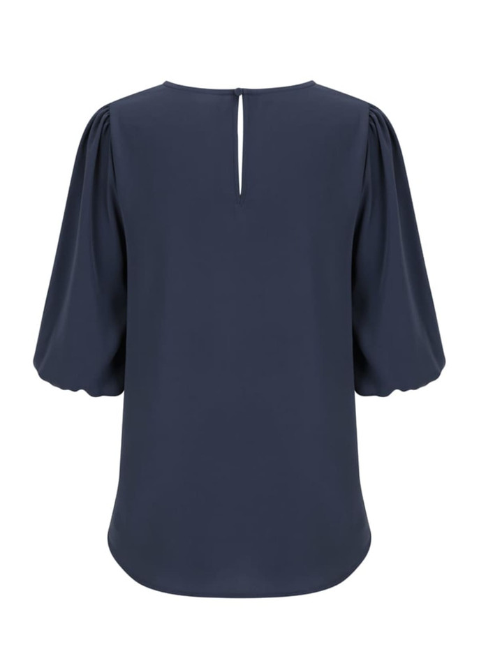 A dark navy puff sleeve top featuring a keyhole back detail and a smooth fabric finish. The top has an understated design.