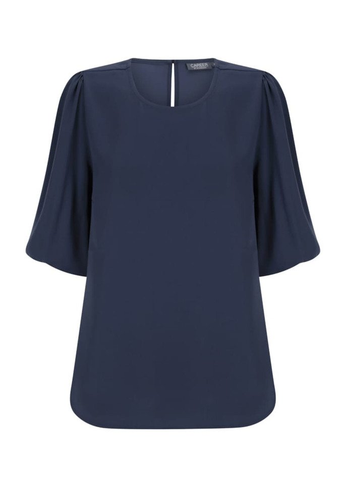 Navy blue Poppy Puff Sleeve Top with a relaxed fit and short puff sleeves. It features a subtle back opening and includes a logo.