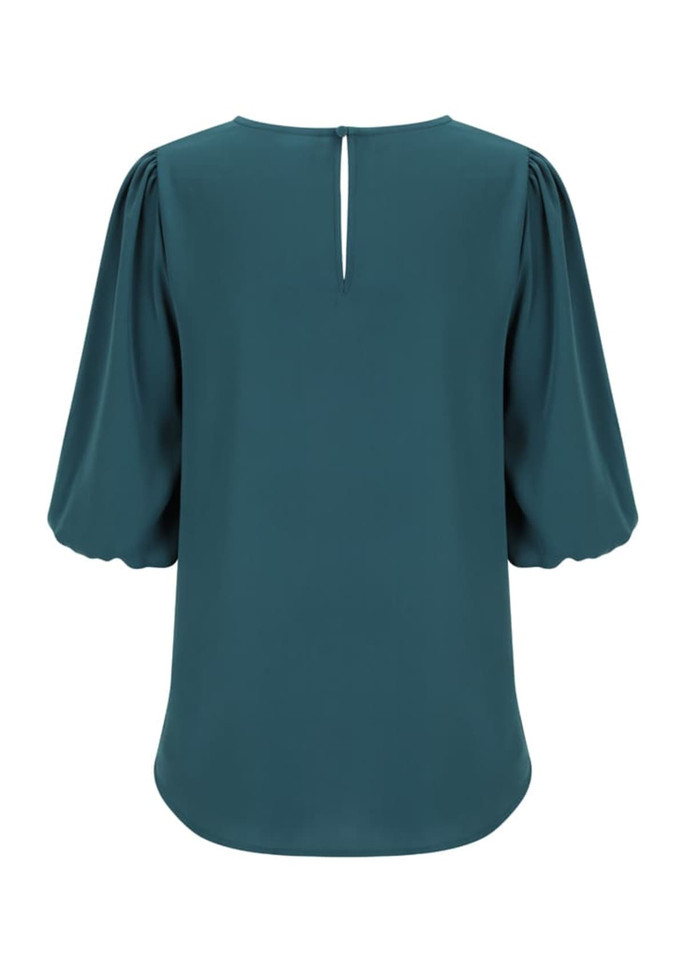 A teal Poppy Puff Sleeve Top featuring a gathered sleeve design and a back keyhole detail. It has a smooth, flowing fabric.