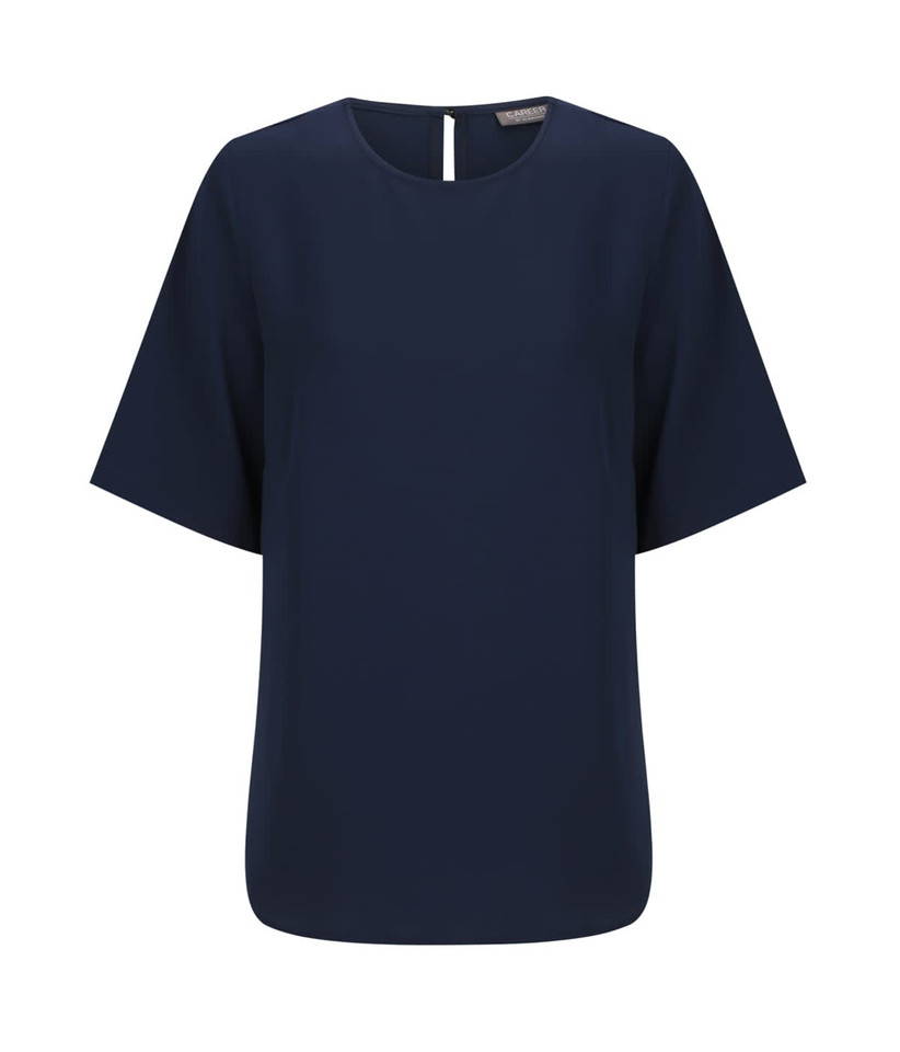 A navy short sleeve top with a rounded neckline and a small opening at the back, featuring a logo.