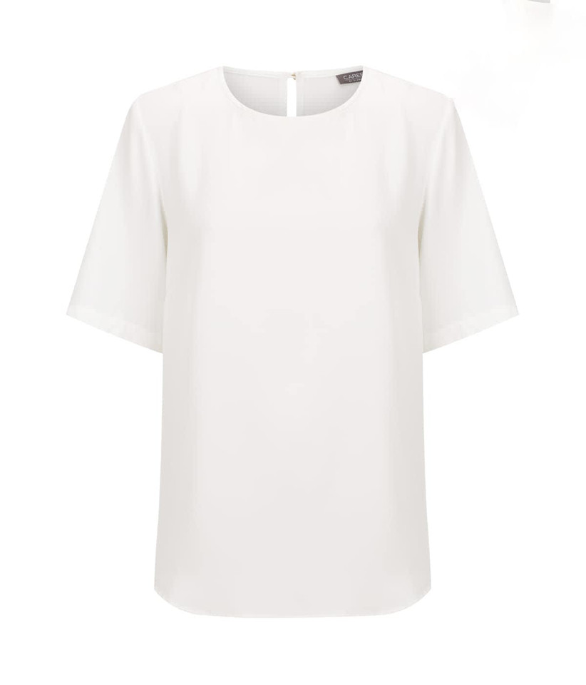 A white short sleeve top with a round neckline and a back button closure, featuring a simple design and smooth fabric.