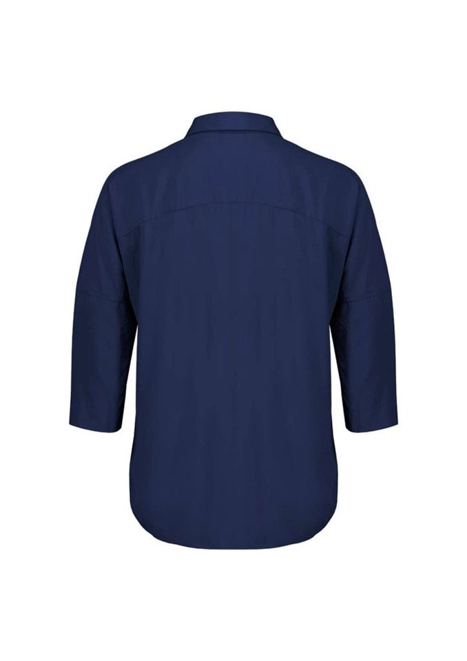 A navy blue women's blouse with 3/4 sleeves and a classic collar, featuring a smooth back design.