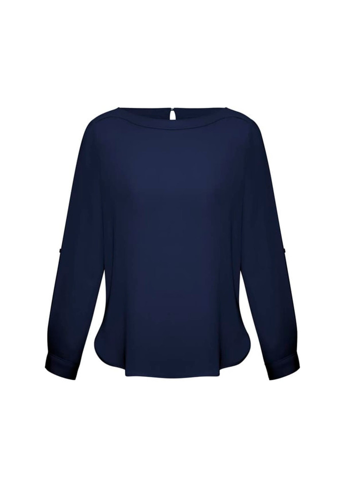 A navy women's boatneck top featuring long sleeves and a relaxed fit, with a small logo at the back.