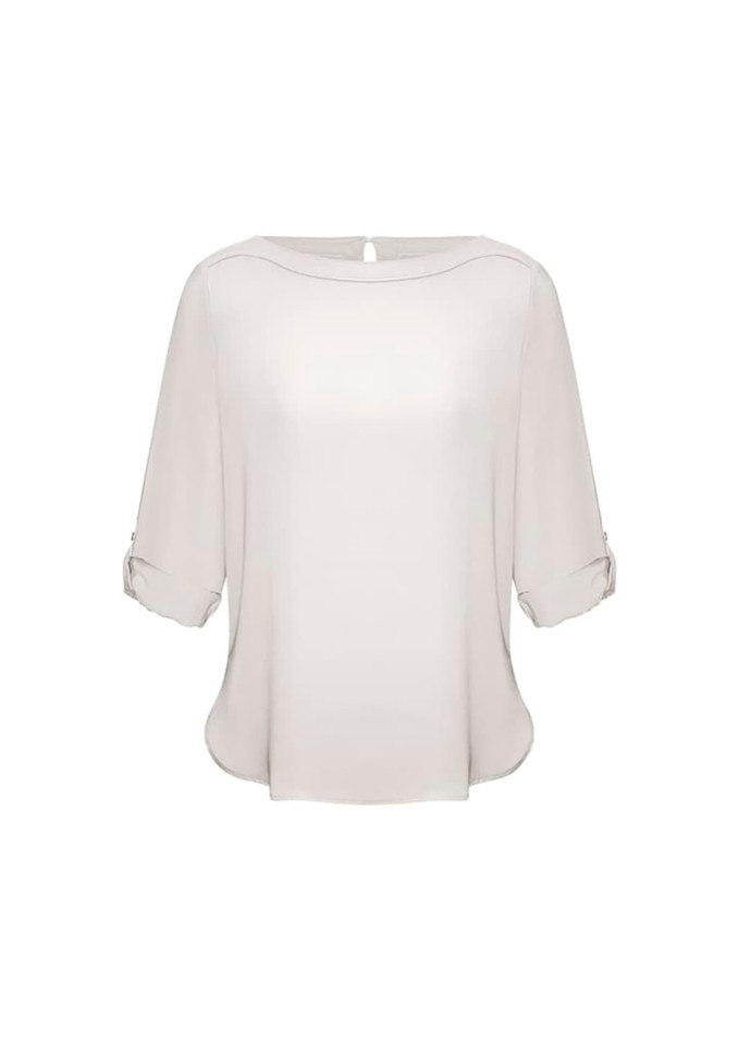 A light grey women's boatneck top with three-quarter sleeves and a subtle back button detail.
