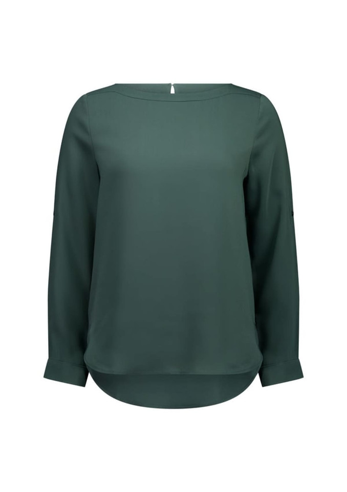 A women's boatneck top in a deep green colour, featuring long sleeves and a curved hemline.