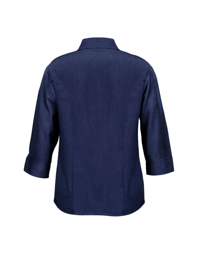 A navy blue ladies' shirt with 3/4 sleeves and a collar, featuring a logo on the back.
