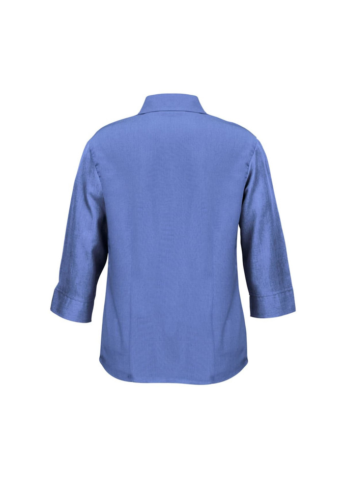 A 3/4 sleeve shirt in a solid blue hue, featuring a collar and a simple design. It has a logo on the back.