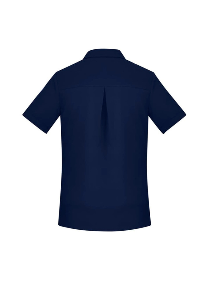 A navy blue women's short sleeve shirt with a back pleat and a collar, featuring a logo.