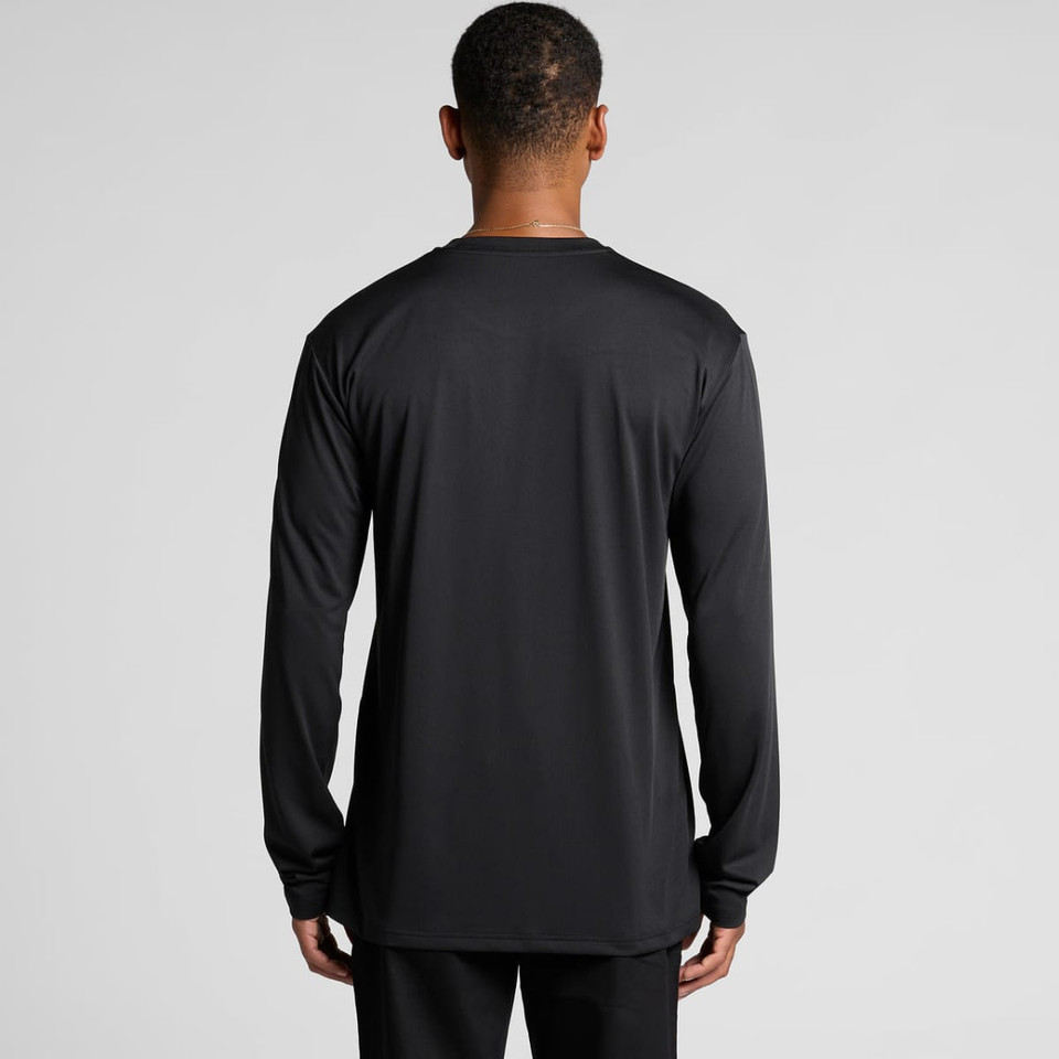 A black long-sleeve T-shirt seen from the back, featuring a logo on the upper part.
