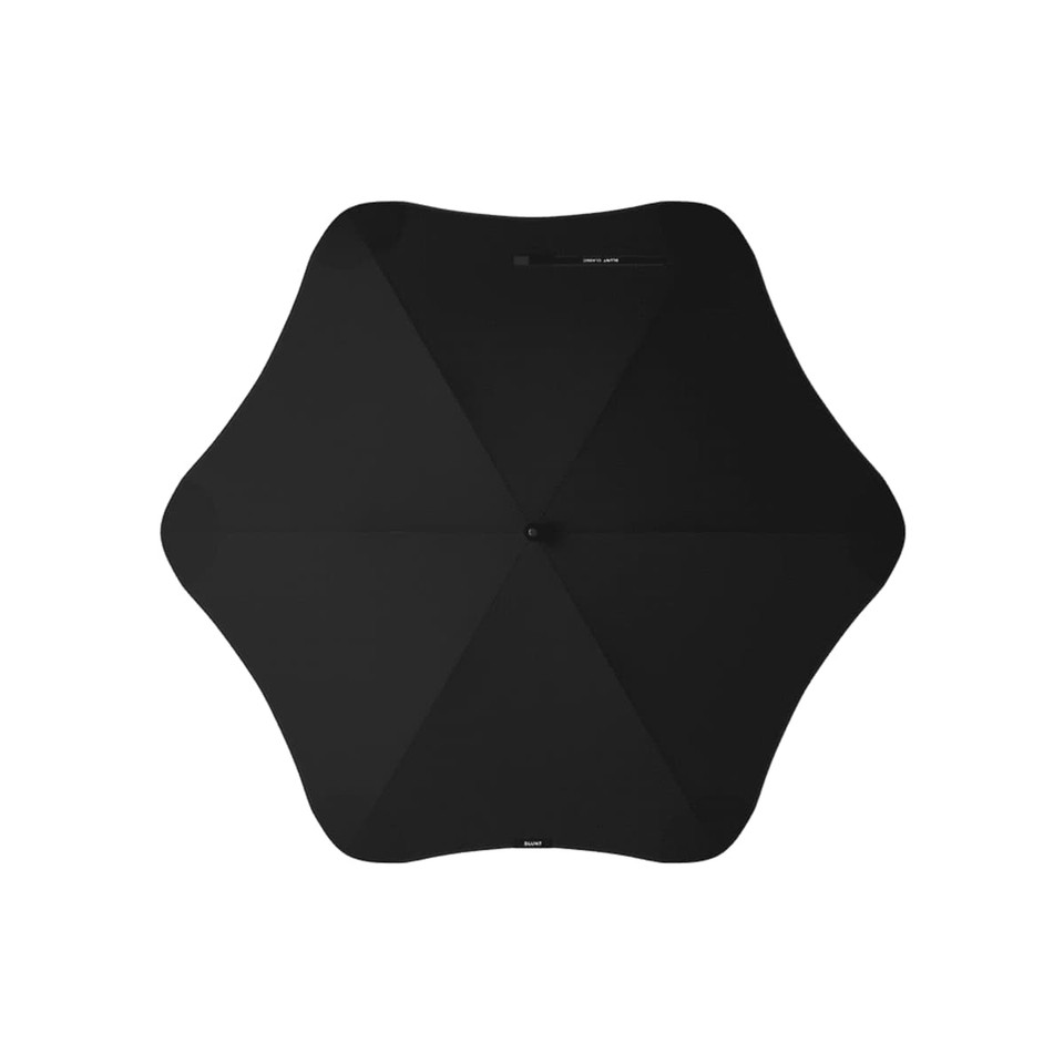 A black BLUNT Classic Umbrella with a unique star shape and a central button for opening and closing.