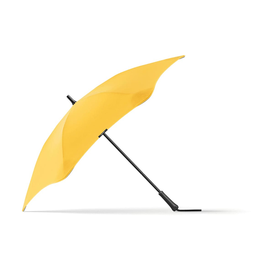 A yellow umbrella with a sleek design, featuring a black handle and a branding logo.