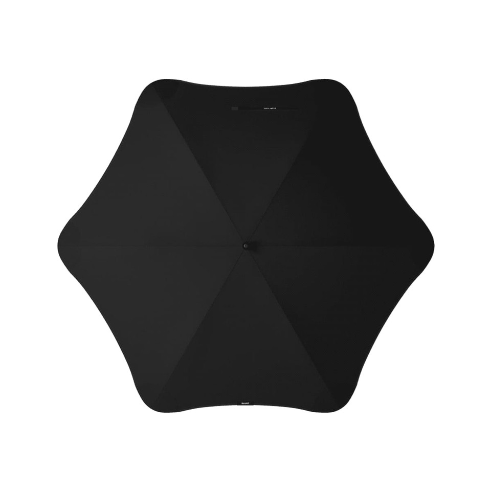 A black umbrella featuring a sleek, modern design with a central button and a curved silhouette.