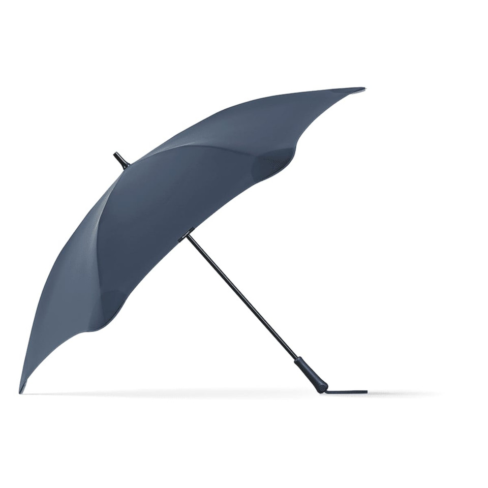 A navy blue umbrella with a sleek design and a curved canopy, featuring a black handle and an understated logo.