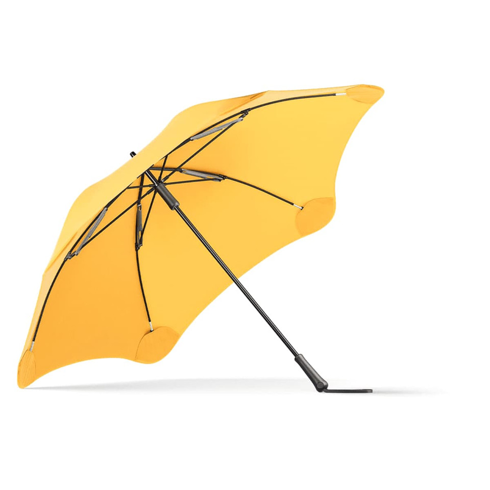 A yellow umbrella with a sleek design and a sturdy black frame, featuring a branding logo.