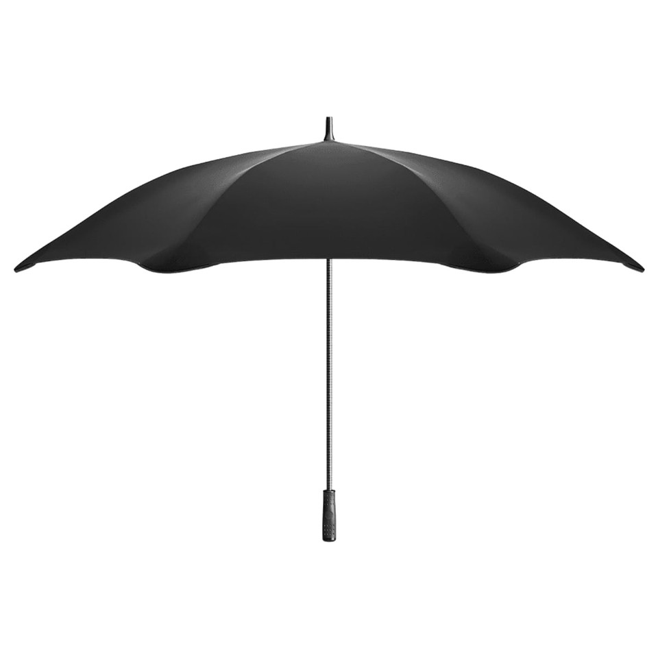 A black sport umbrella with a sturdy design and a handle, featuring a logo on the shaft.