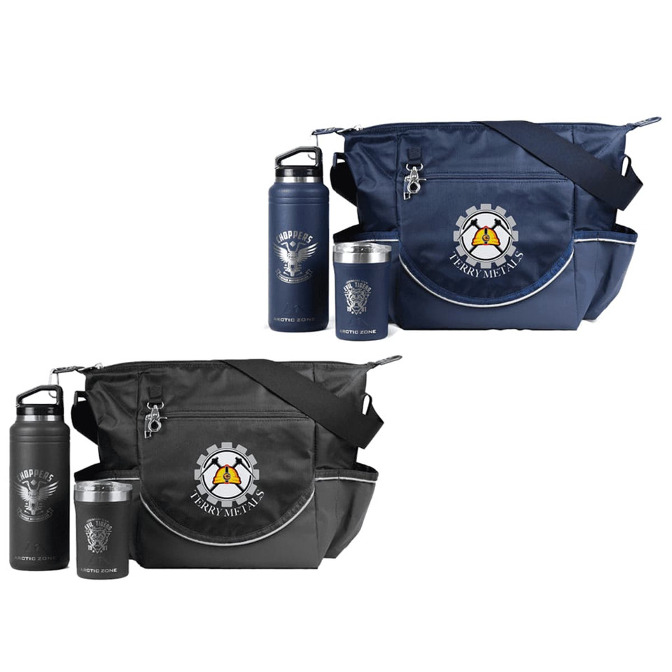 A navy and black bag with drink bottles and a cup, featuring a logo on both products.