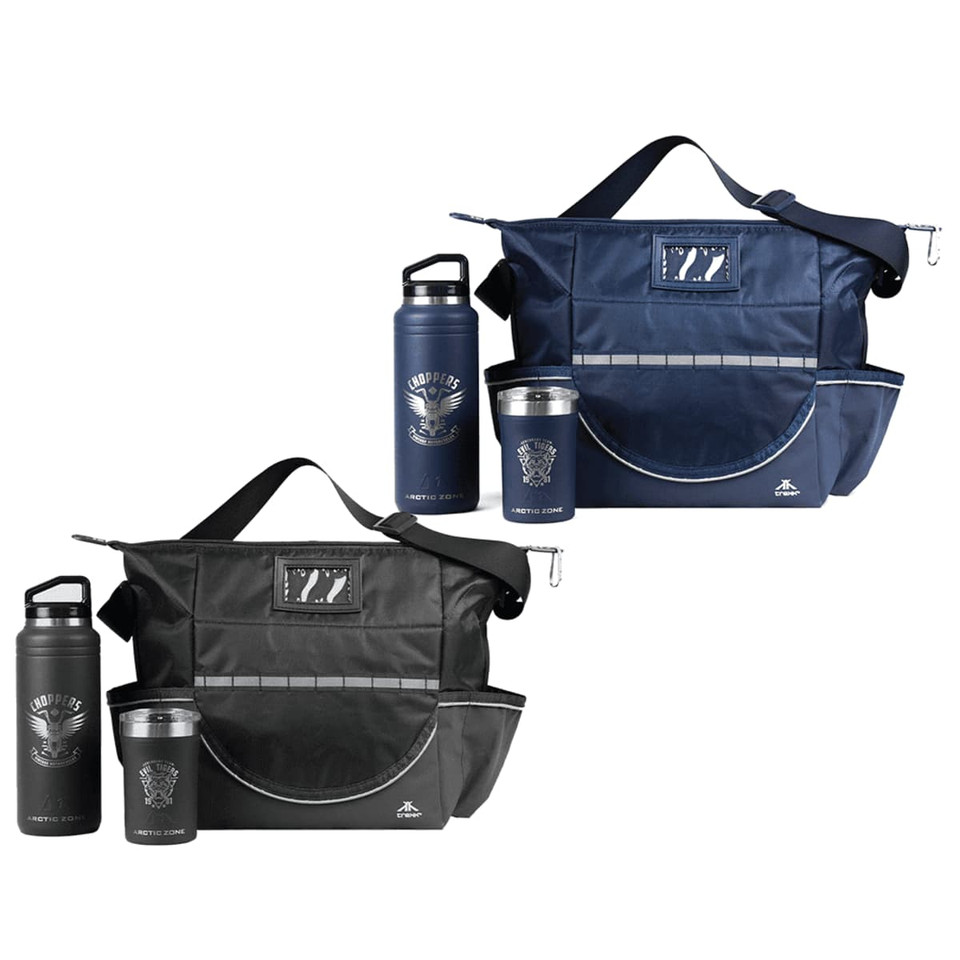 A blue and a black tote bag with drink bottles and a coffee cup, featuring a logo on each item.