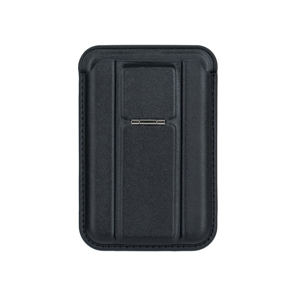 A black PU magnetic card holder featuring a slim design with a built-in phone stand and a metallic clip.