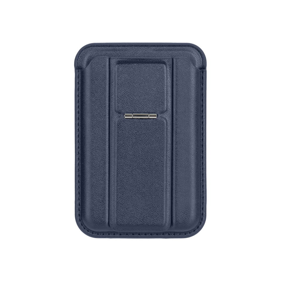 A navy PU magnetic card holder features a phone stand and has a sleek, textured design with a metallic accent.
