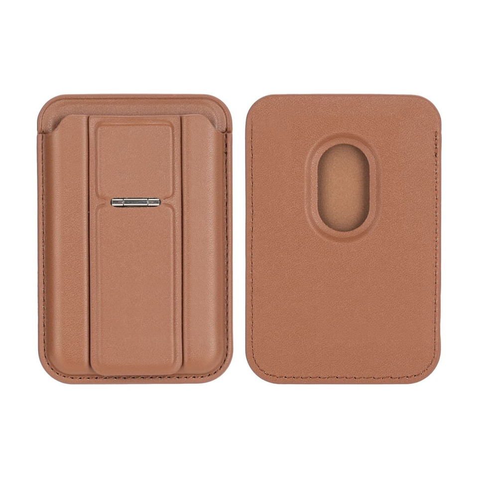 A PU magnetic card holder in a warm tan colour featuring a phone stand at the back and a logo.