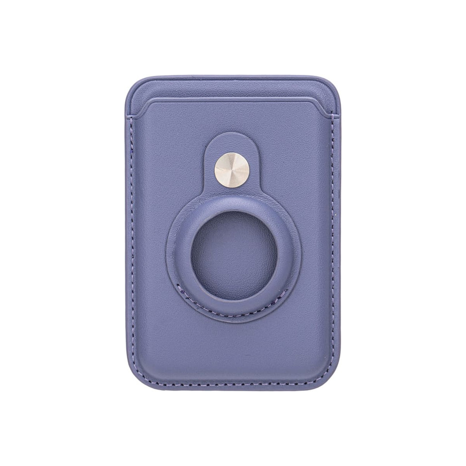 A purple PU magnetic card and Airtag holder with a circular slot and a metal button. It features stitched edges and a sleek design.