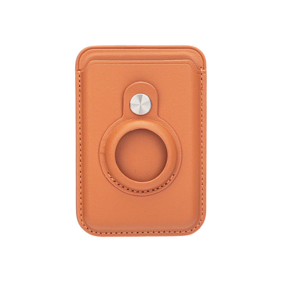 A PU magnetic card and AirTag holder in a tan colour, featuring a circular attachment on the front and a logo.