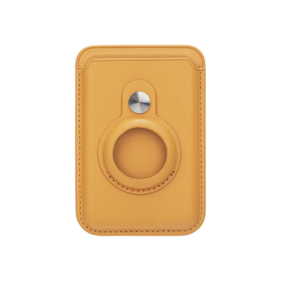 A PU magnetic card and Airtag holder in a vibrant yellow colour, featuring a circular magnetic attachment.
