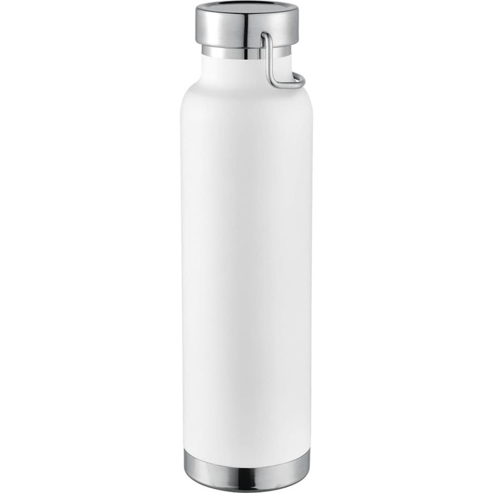 A drink bottle in white with a stainless steel lid and base, featuring a logo on the body.