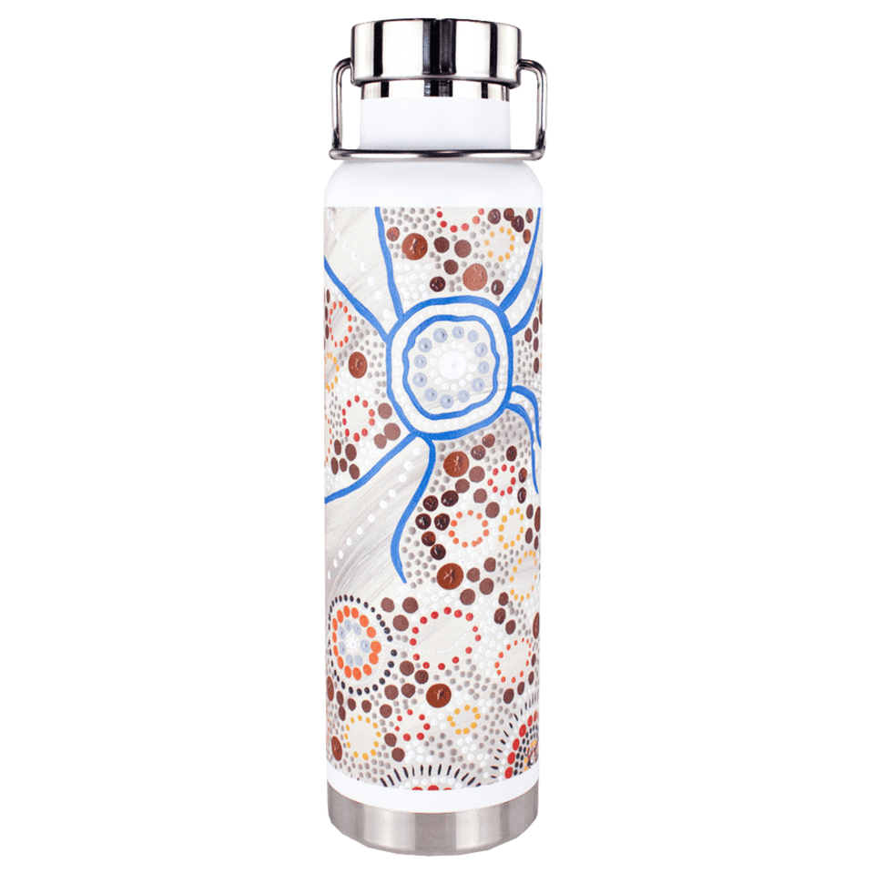 A drink bottle with a white and patterned design, featuring copper vacuum insulation and a stainless steel lid.