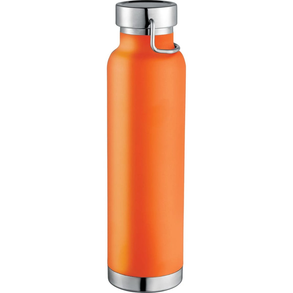 A drink bottle in vibrant orange with a stainless steel base and lid, featuring a loop for easy carrying.