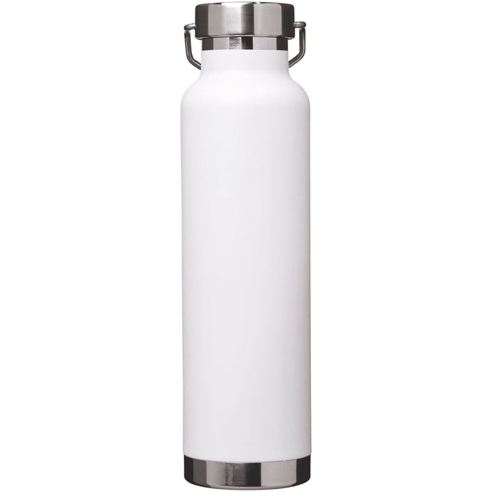 A drink bottle in white with a stainless steel base and a metal lid, featuring a logo. Holds 650ml.