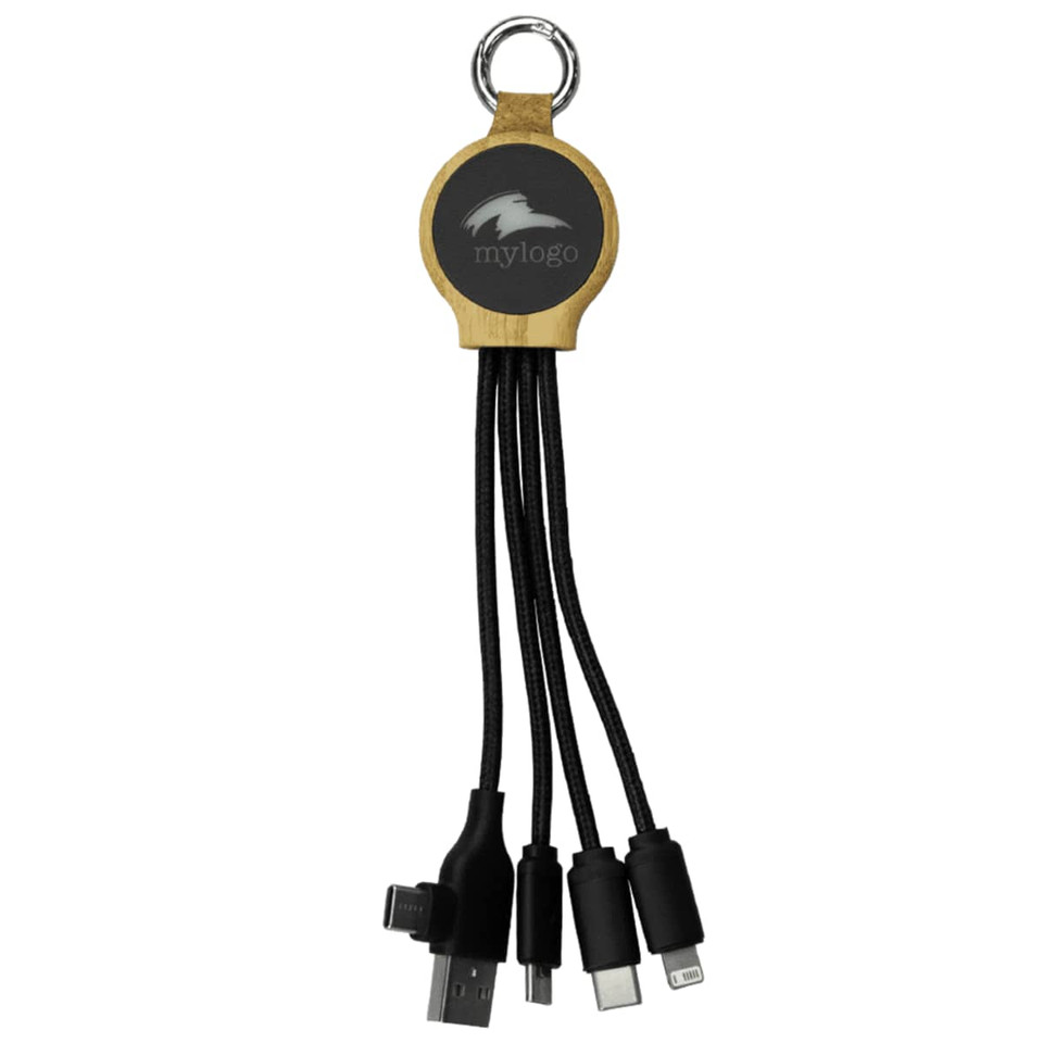 A multi-cable organiser with four charging cables in black, featuring a circular wooden logo area.